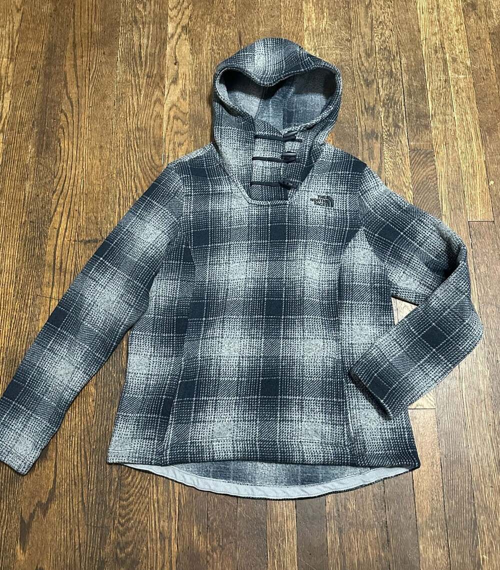 The North Face Crescent Hooded Pullover Womens Plaid Fleece Toggle Hoodie Blue L